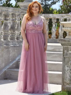 Robe mariage invitée maxi à bretelles minces à sequins et à col en V grande taille