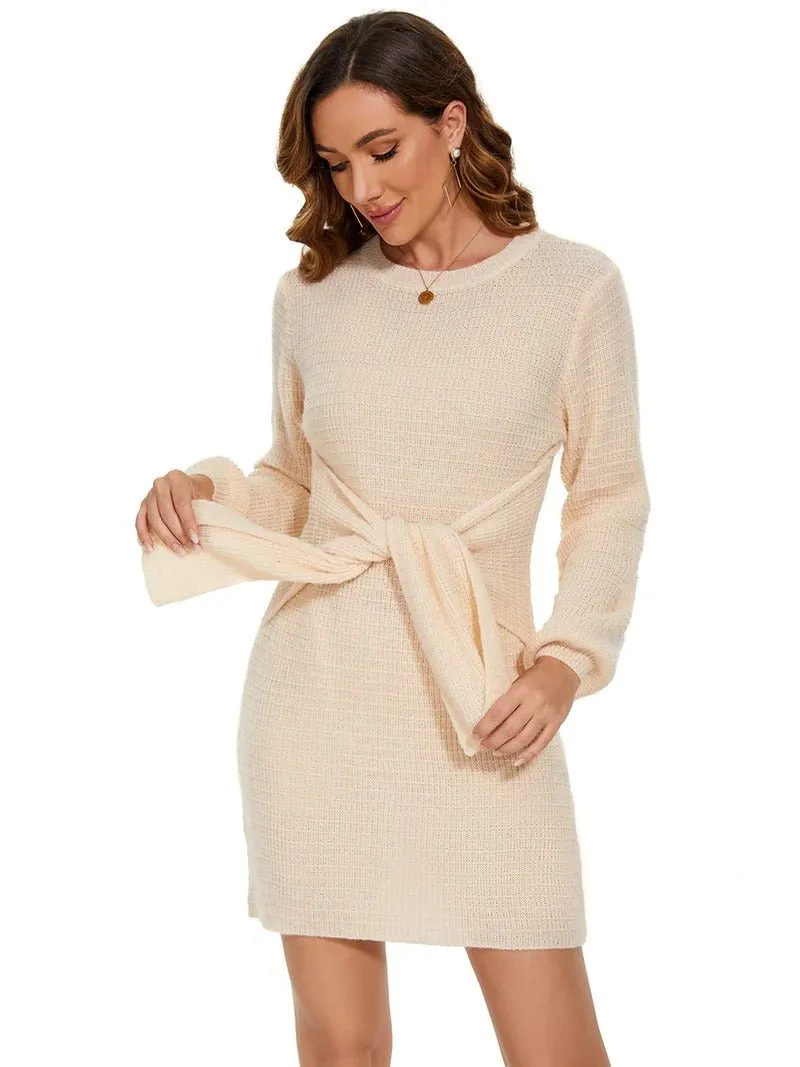 Round Neck Bodycon Mini Sweater Dress With Belt