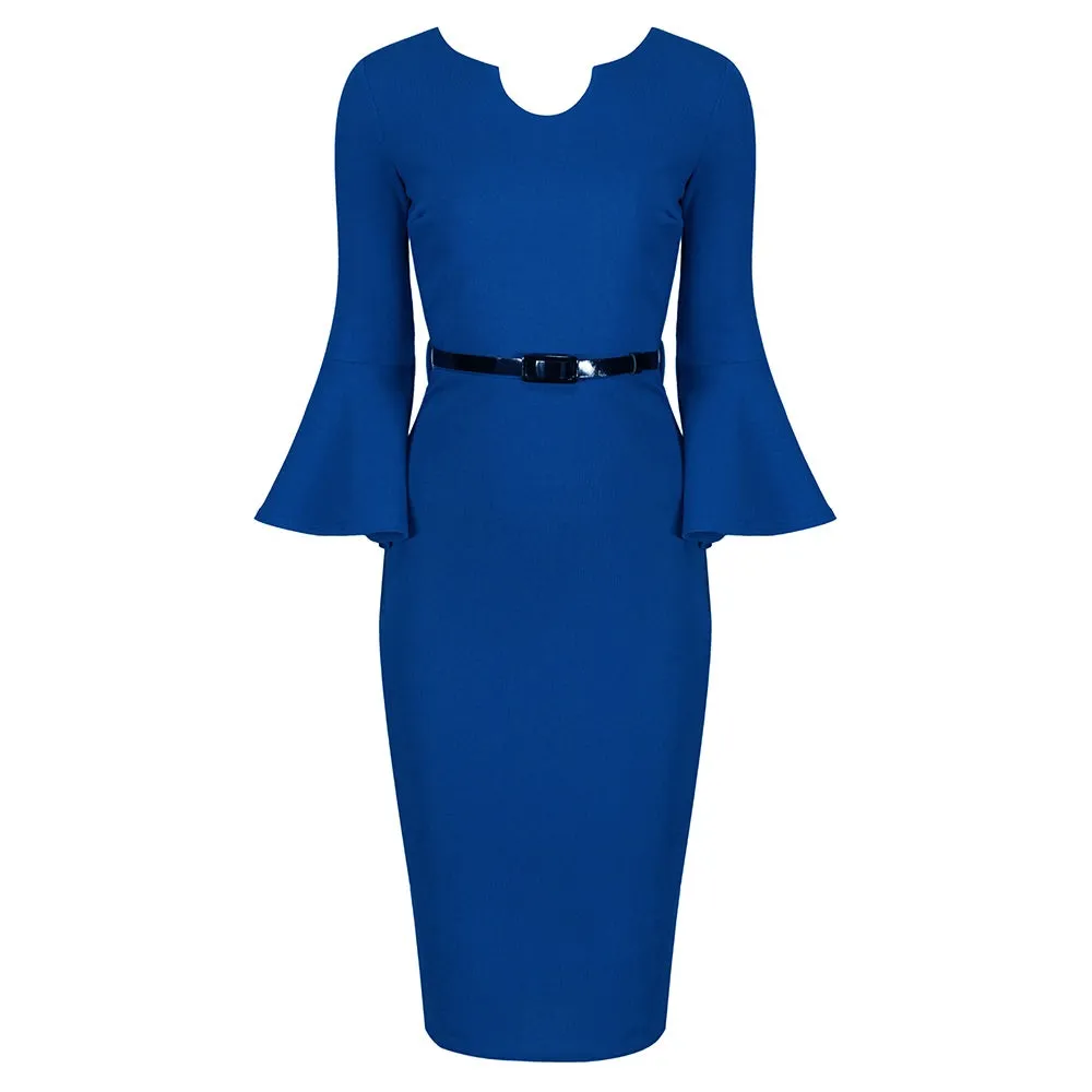 Royal Blue Belted 40s Style Peplum Sleeve Bodycon Wiggle Dress