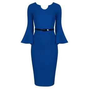 Royal Blue Belted 40s Style Peplum Sleeve Bodycon Wiggle Dress