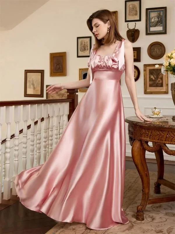 Ruched bust tie shoulder satin bridesmaid dress