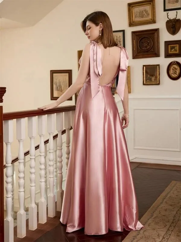 Ruched bust tie shoulder satin bridesmaid dress