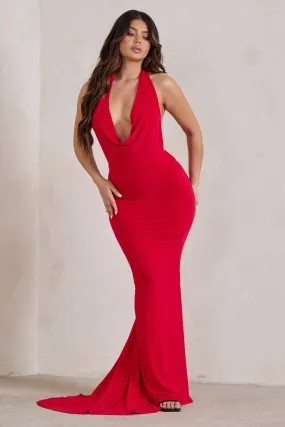 Saffina | Red Cowl Neck Low Back Maxi Dress