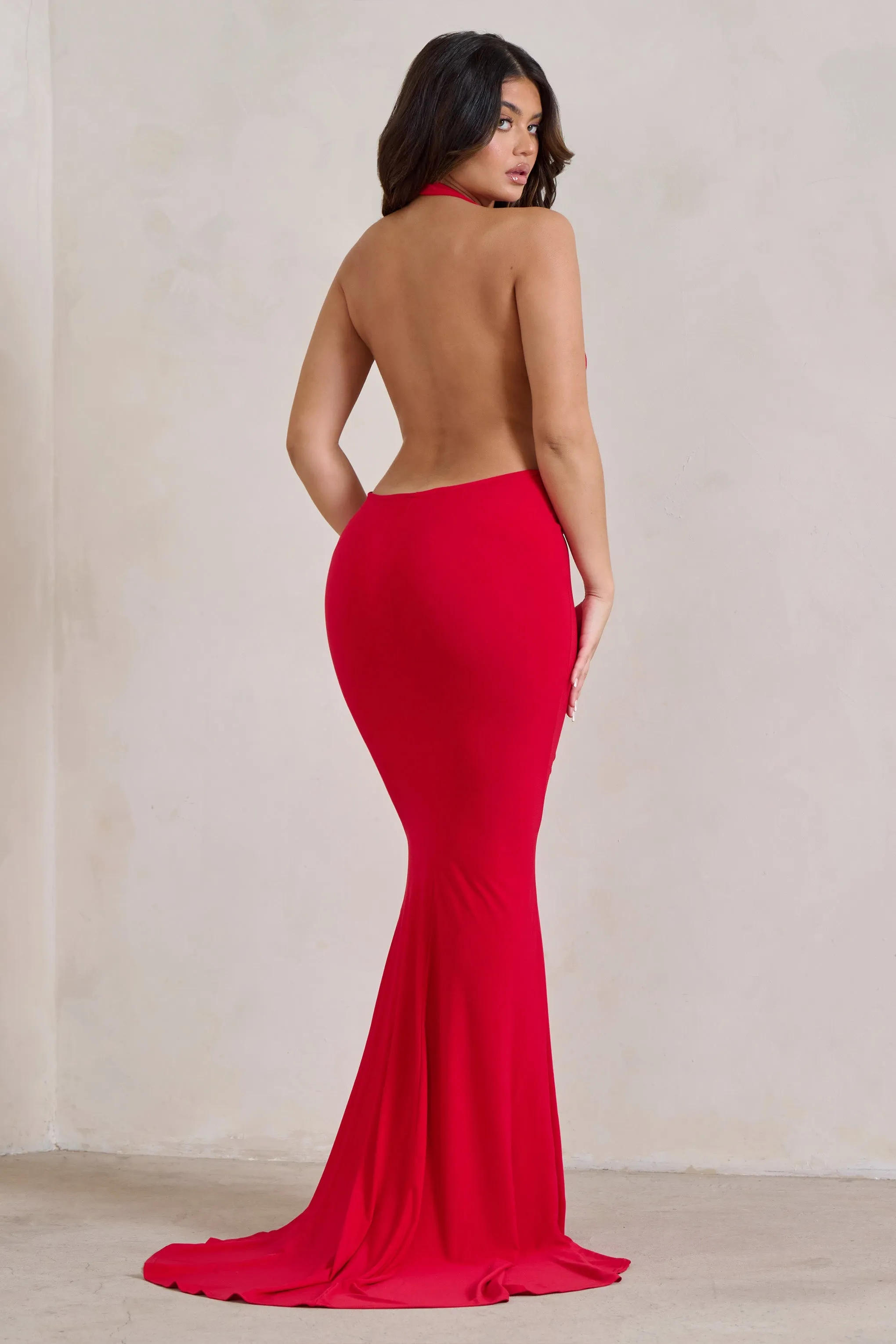 Saffina | Red Cowl Neck Low Back Maxi Dress