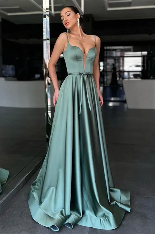 Sage Spaghetti-Straps Long Prom Dress A Line With Belt -> Sage Spaghetti-Straps Long Prom Dress A-Line With Belt