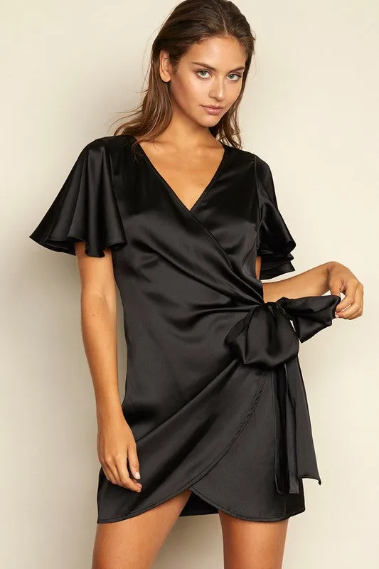 Satin Tulip Wrap Dress - Black & Burgundy