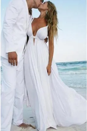 Sexy Deep V Neck White Chiffon Beach Elegant A-Line Bridal Floor-Length Wedding Dresses