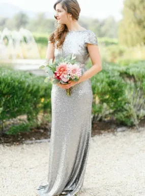 Sheath Bateau Sweep Train Backless Silver Sequined Bridesmaid Dress