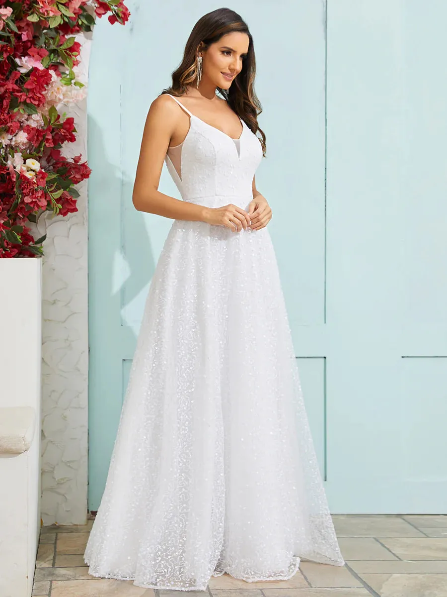 Shimmer Sequin V Neck Wedding Dress With Sleeveless