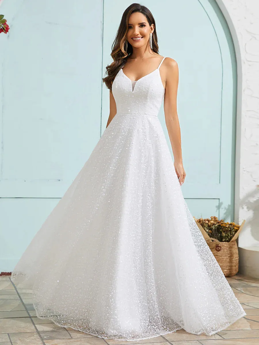 Shimmer Sequin V Neck Wedding Dress With Sleeveless