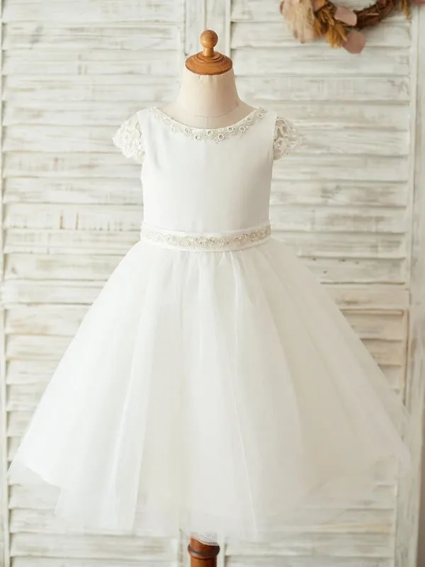 Short Sleeves Jewel Neck White Kids Party Dresses Flower Girl Dresses