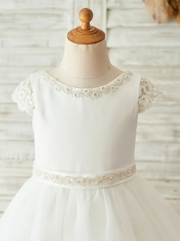 Short Sleeves Jewel Neck White Kids Party Dresses Flower Girl Dresses