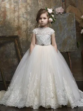 Short Sleeves Lace Floor-Length Flower Girl Dresses Princess Embroidered Formal Dresses