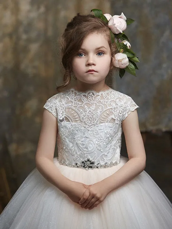 Short Sleeves Lace Floor-Length Flower Girl Dresses Princess Embroidered Formal Dresses