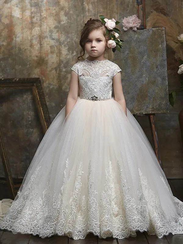 Short Sleeves Lace Floor-Length Flower Girl Dresses Princess Embroidered Formal Dresses