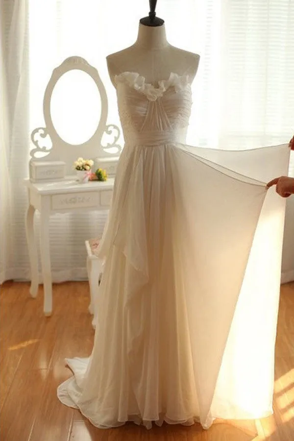 Simple A-line Bodice Floor Length Ruffles Chiffon Beach Wedding Dresses