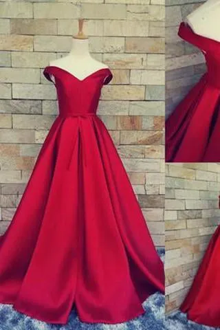 Simple Ball Gown Off The Shoulder Sweetheart Red Satin Fitted Corset Prom Dresses