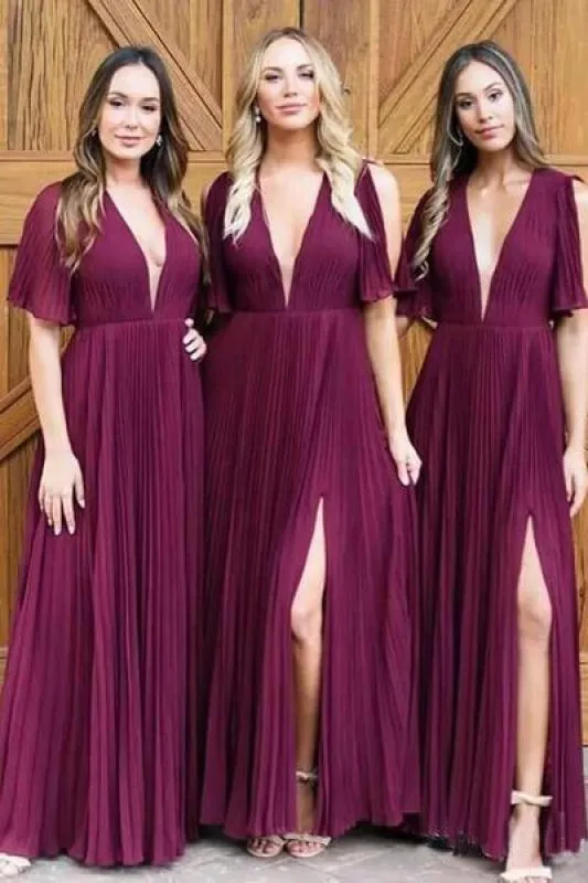 Simple Deep V Neck Short Sleeve Side Slit Long Bridesmaid Dress