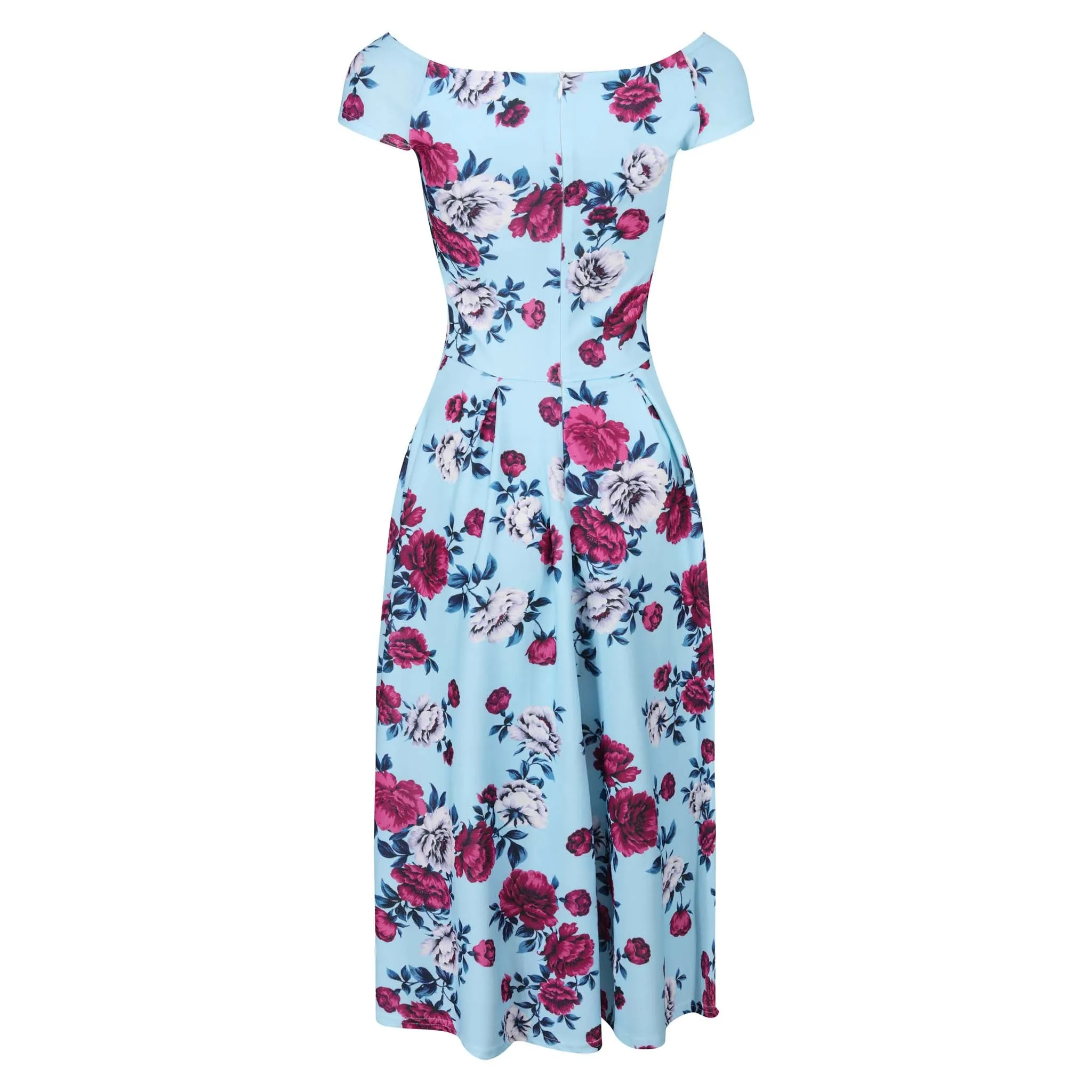 Sky Blue Floral Print Crossover Bardot 50s Swing Dress