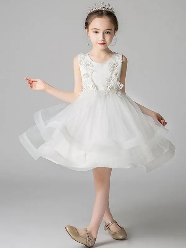 Sleeveless Embroidered Kids Party Dresses Pink Tulle Flower Girl Dresses