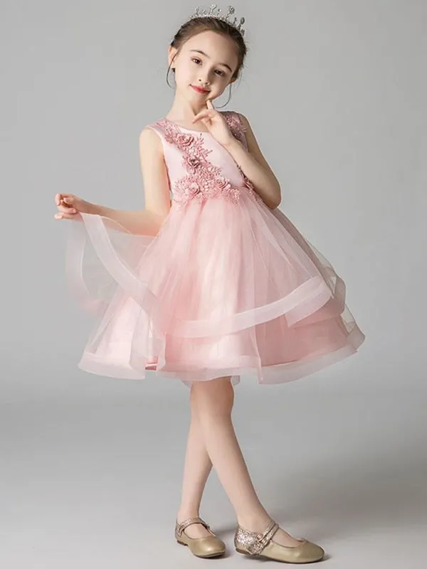 Sleeveless Embroidered Kids Party Dresses Pink Tulle Flower Girl Dresses