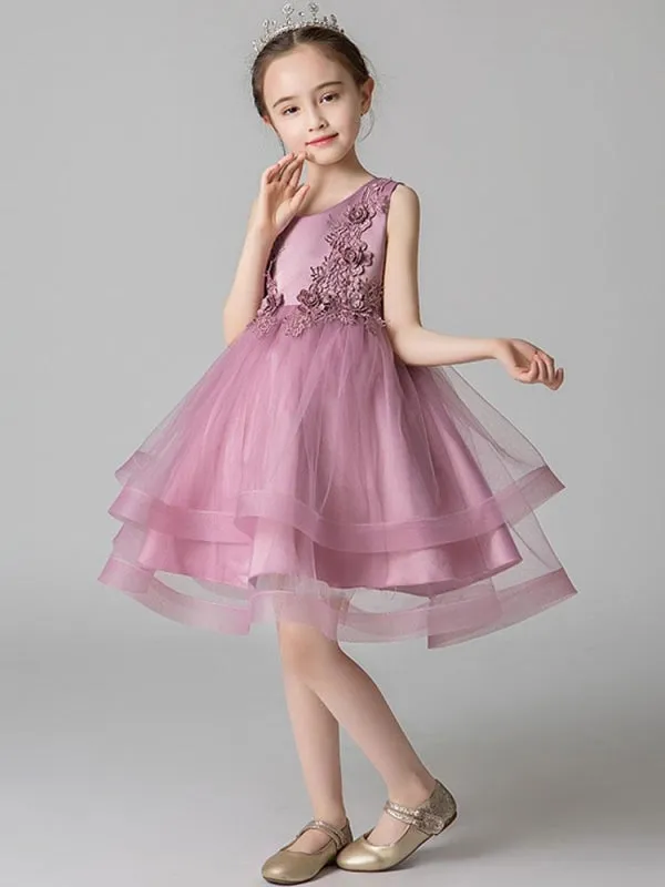 Sleeveless Embroidered Kids Party Dresses Pink Tulle Flower Girl Dresses