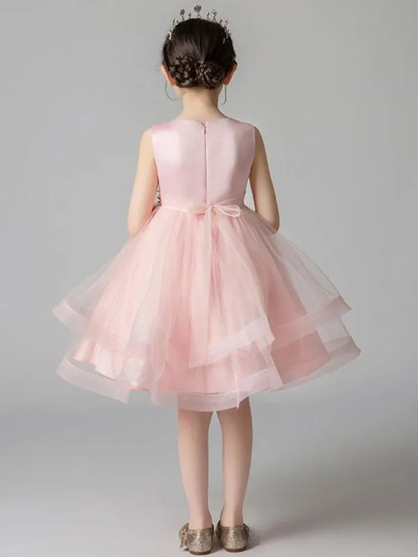 Sleeveless Embroidered Kids Party Dresses Pink Tulle Flower Girl Dresses