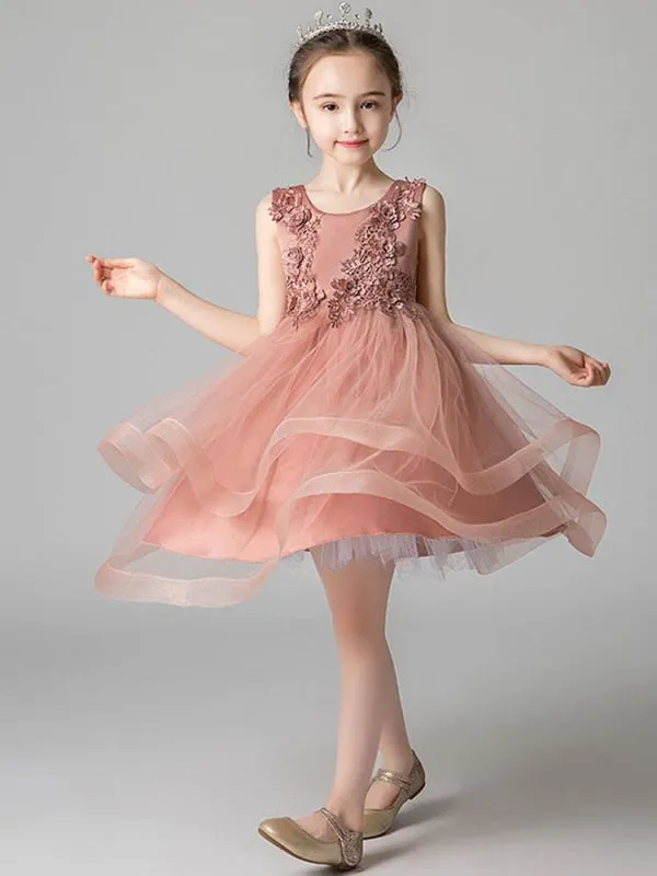 Sleeveless Embroidered Kids Party Dresses Pink Tulle Flower Girl Dresses