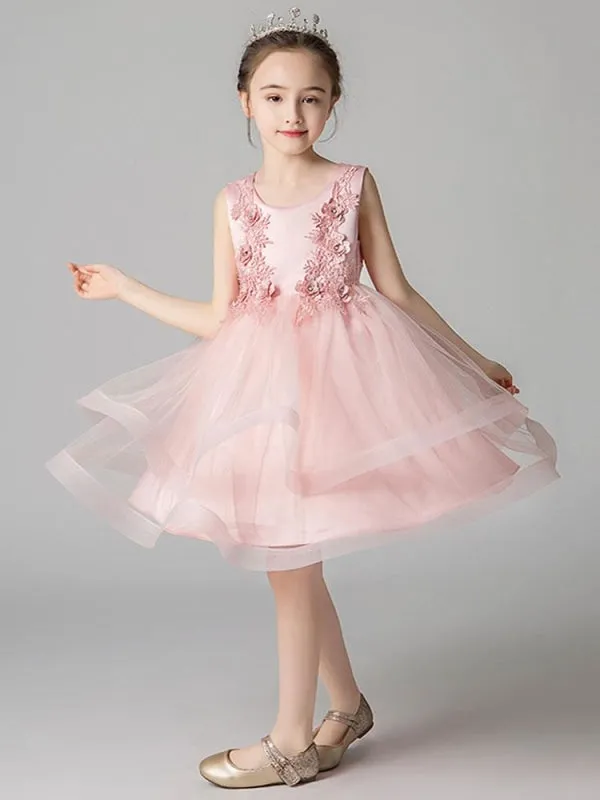 Sleeveless Embroidered Kids Party Dresses Pink Tulle Flower Girl Dresses