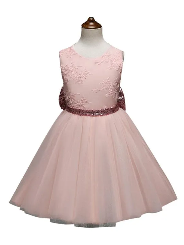 Sleeveless Tulle Flower Girl Dresses with Sparkly Sequins Bows Formal Kids Party Dresses