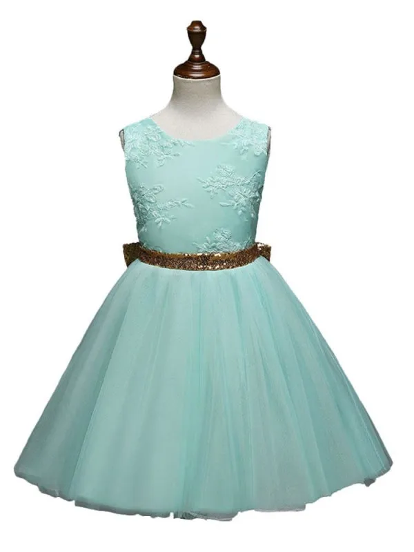 Sleeveless Tulle Flower Girl Dresses with Sparkly Sequins Bows Formal Kids Party Dresses