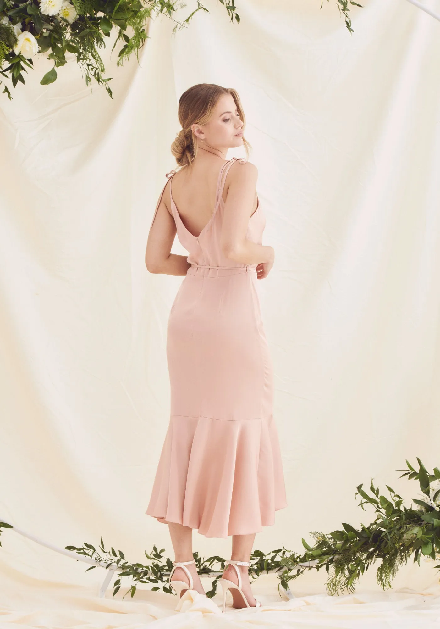 Sophia Cowl Neck Fishtail Satin Midi Dress - Rose Pink