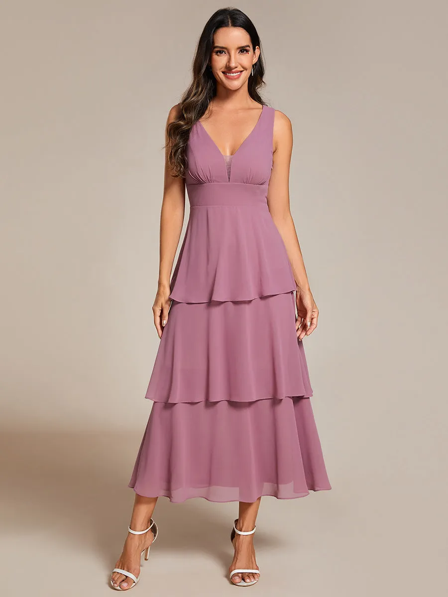 Spaghetti Strap Tiered Ruffle Hem Midi Length Wedding Guest Dress