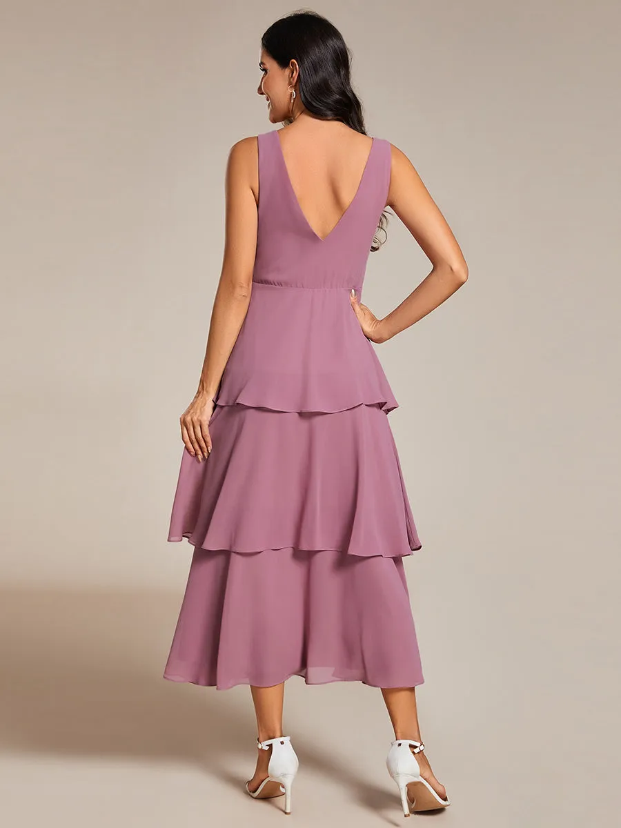 Spaghetti Strap Tiered Ruffle Hem Midi Length Wedding Guest Dress