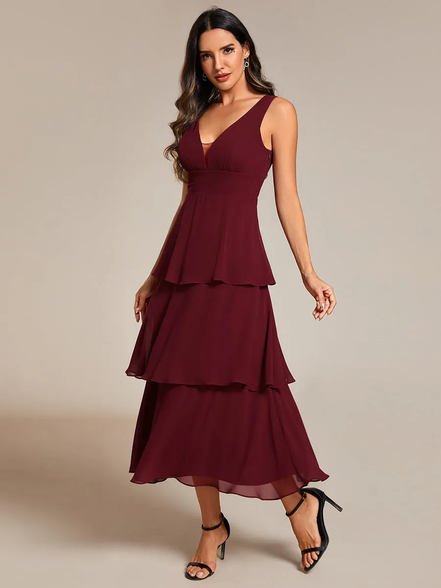 Spaghetti Strap Tiered Ruffle Hem Midi Length Wedding Guest Dress