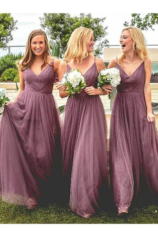 Spaghetti Straps V Neck Floor Length Bridesmaid Dress