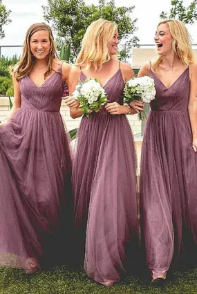 Spaghetti Straps V Neck Floor Length Bridesmaid Dress