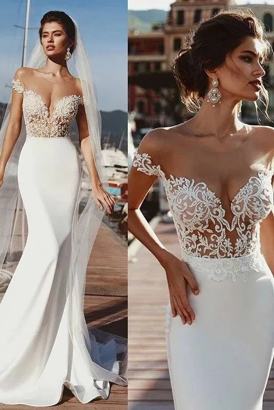 Stunning Mermaid Cap Sleeve Sheer Neck Long Wedding Dresses Beach Wedding Gowns STK15437