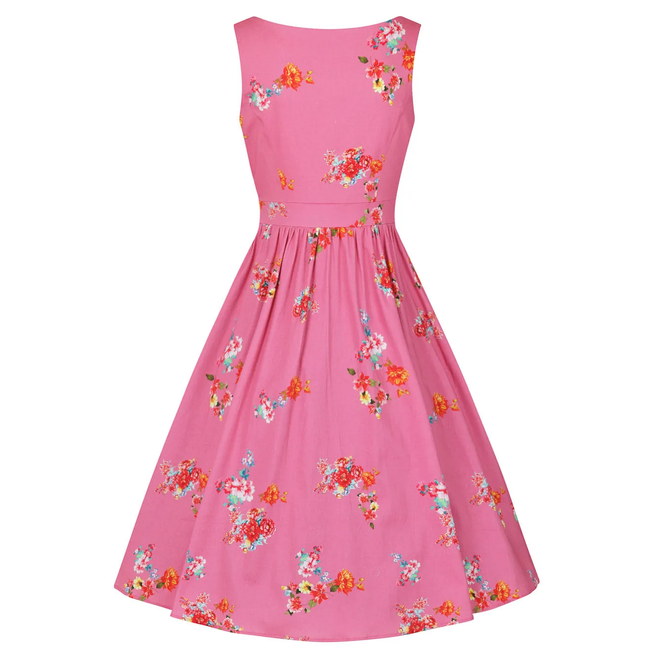 Summer Pink Retro Floral Print 50s Swing Audrey Dress