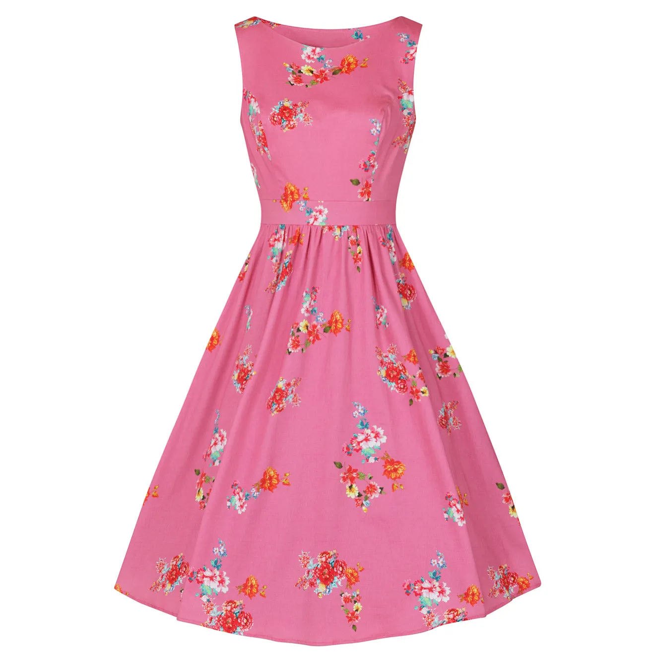 Summer Pink Retro Floral Print 50s Swing Audrey Dress