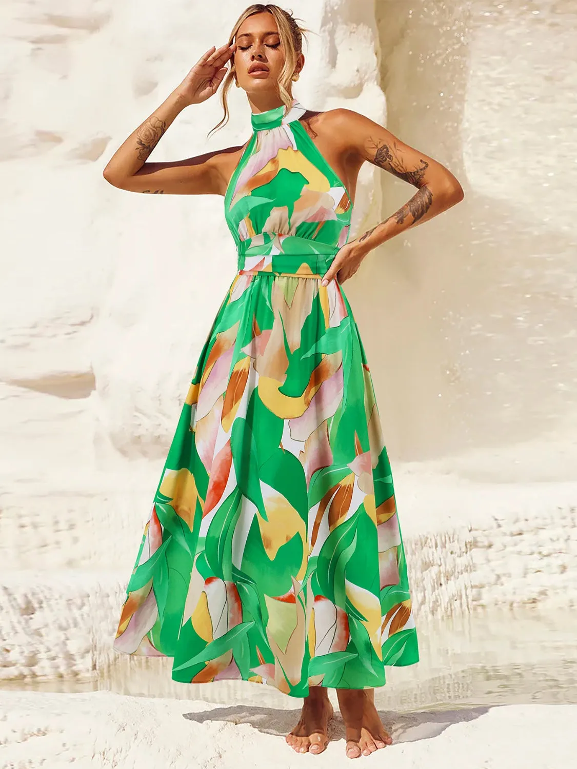 Sunset Vacation Ruched Printed Halter Neck Sleeveless Dress