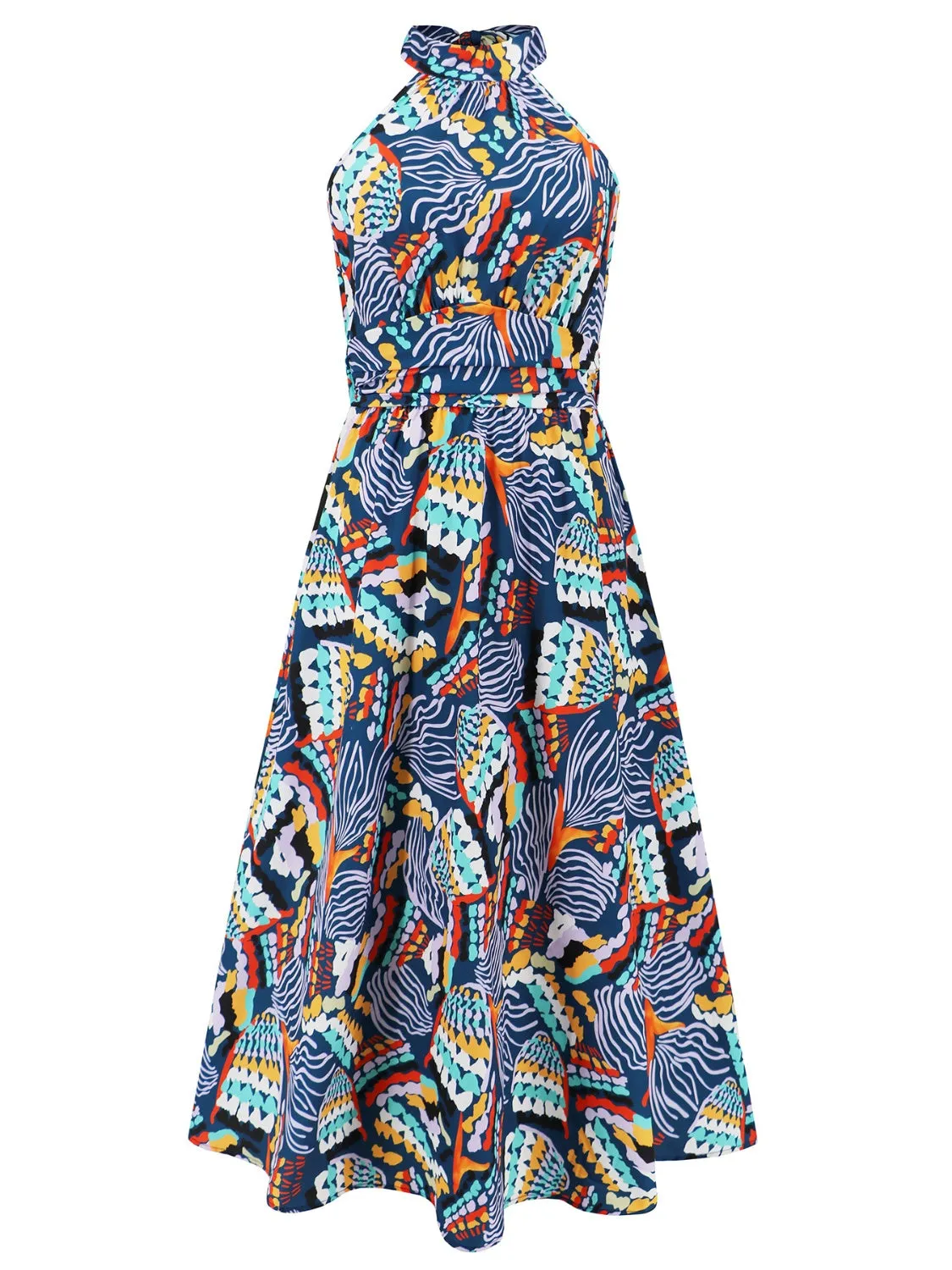 Sunset Vacation Ruched Printed Halter Neck Sleeveless Dress