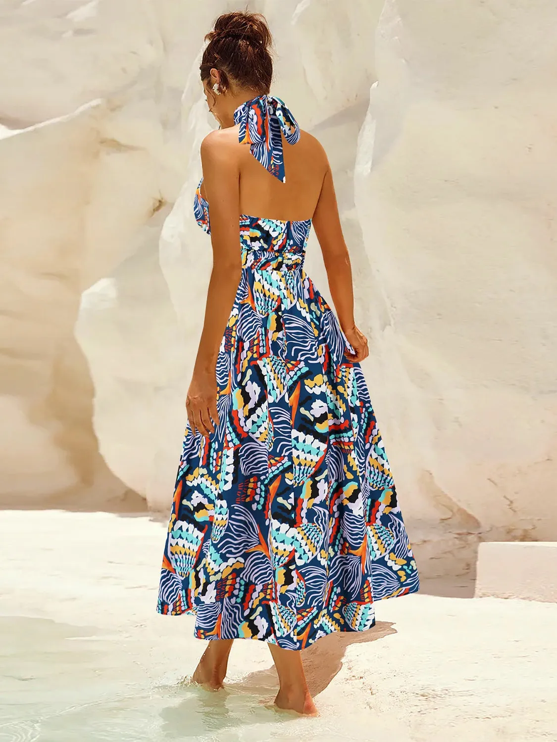 Sunset Vacation Ruched Printed Halter Neck Sleeveless Dress