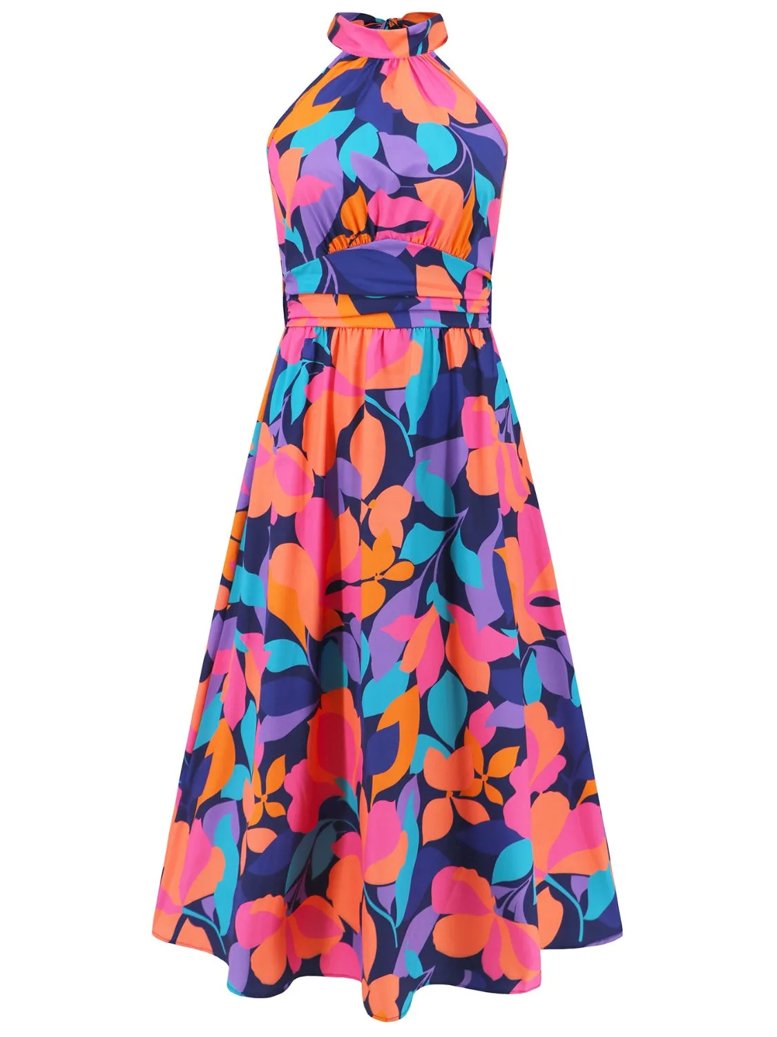 Sunset Vacation Ruched Printed Halter Neck Sleeveless Dress