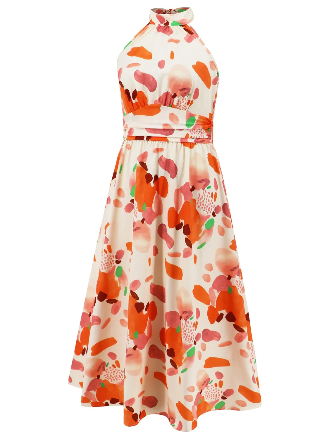 Sunset Vacation Ruched Printed Halter Neck Sleeveless Dress