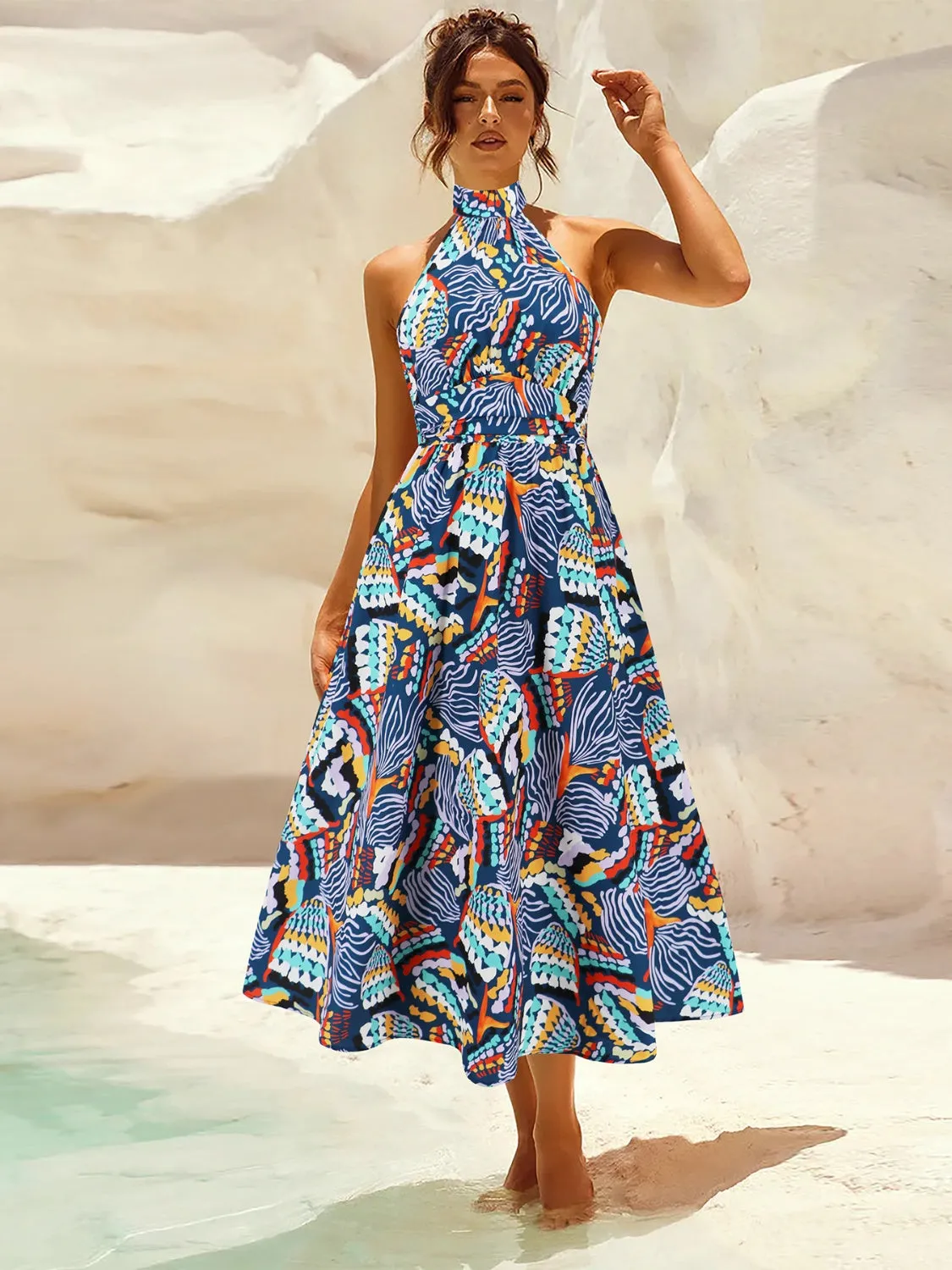 Sunset Vacation Ruched Printed Halter Neck Sleeveless Dress