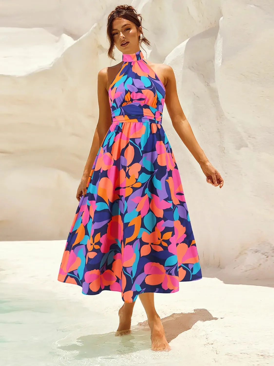 Sunset Vacation Ruched Printed Halter Neck Sleeveless Dress