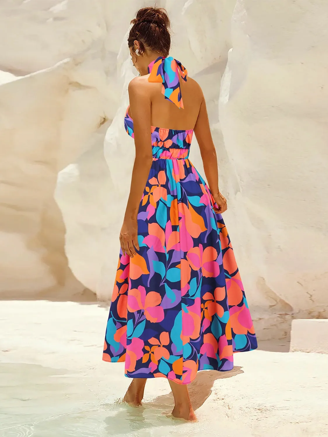 Sunset Vacation Ruched Printed Halter Neck Sleeveless Dress