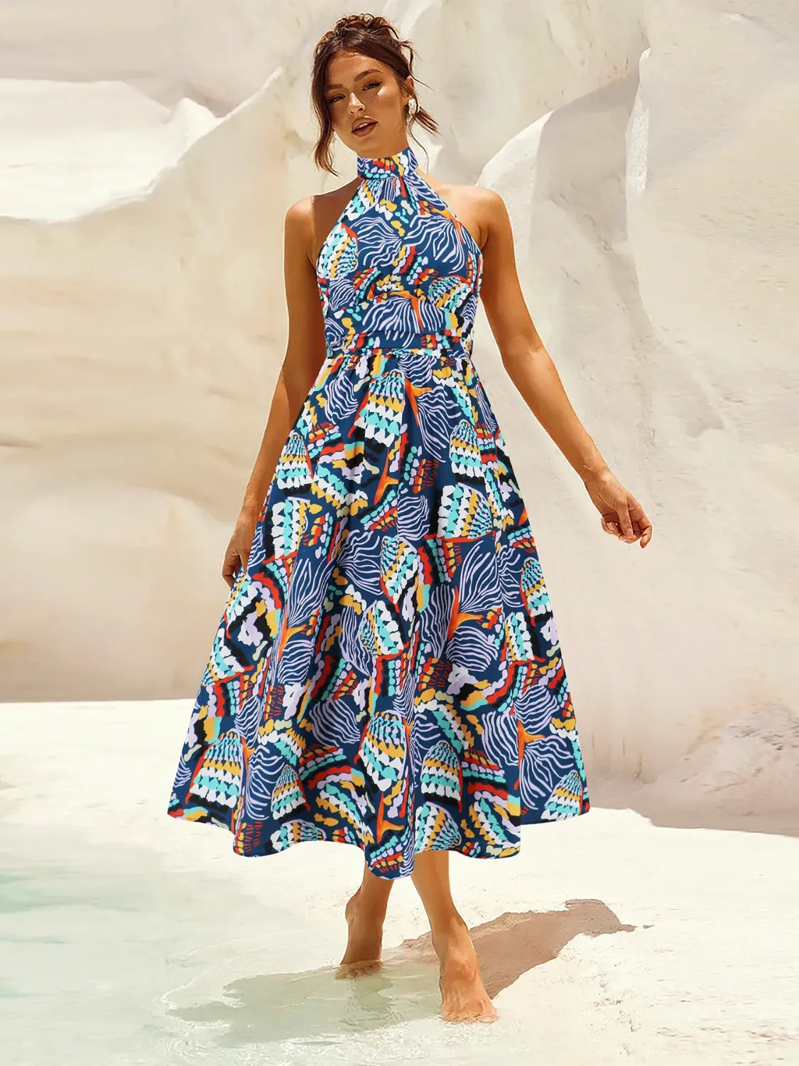 Sunset Vacation Ruched Printed Halter Neck Sleeveless Dress