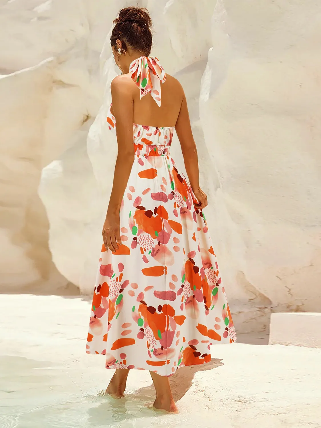 Sunset Vacation Ruched Printed Halter Neck Sleeveless Dress